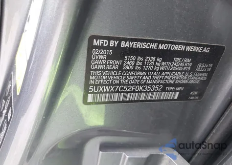 2015 BMW X3 xDrive35I z USA, uszkodzony, nr VIN 5UXWX7C52F0K35352